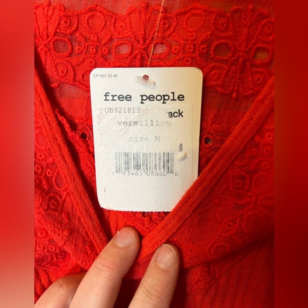 NWT Free People Parisian Nights Top in Vermillion Red Ribbed Eyelet Blouse Med - Picture 5 of 6